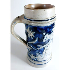 Vintage German Stoneware Cobalt Blue Salt Glazed Beer Stein Barware-8 in.
